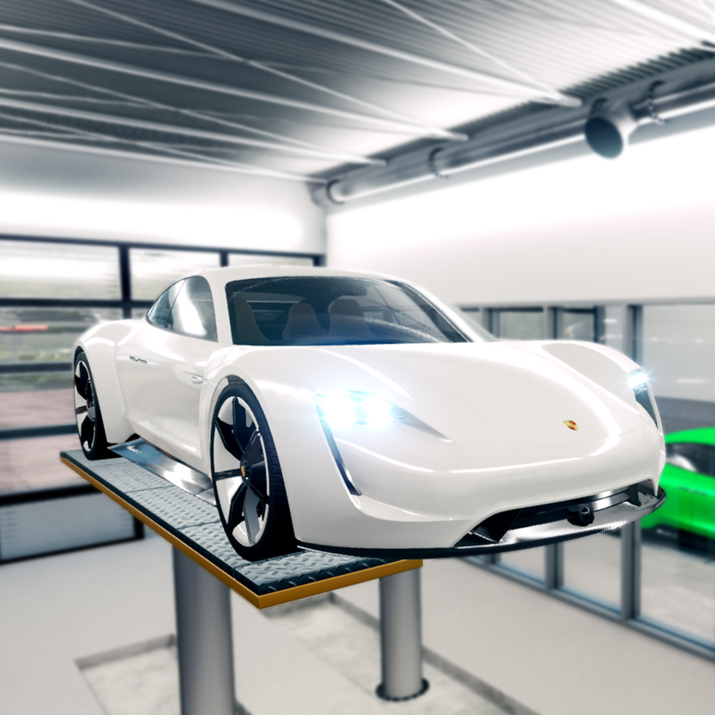 Porsche-Fahrzeug beim Check-Up in der virtuellen Umgebung der Immersive Learning Experience