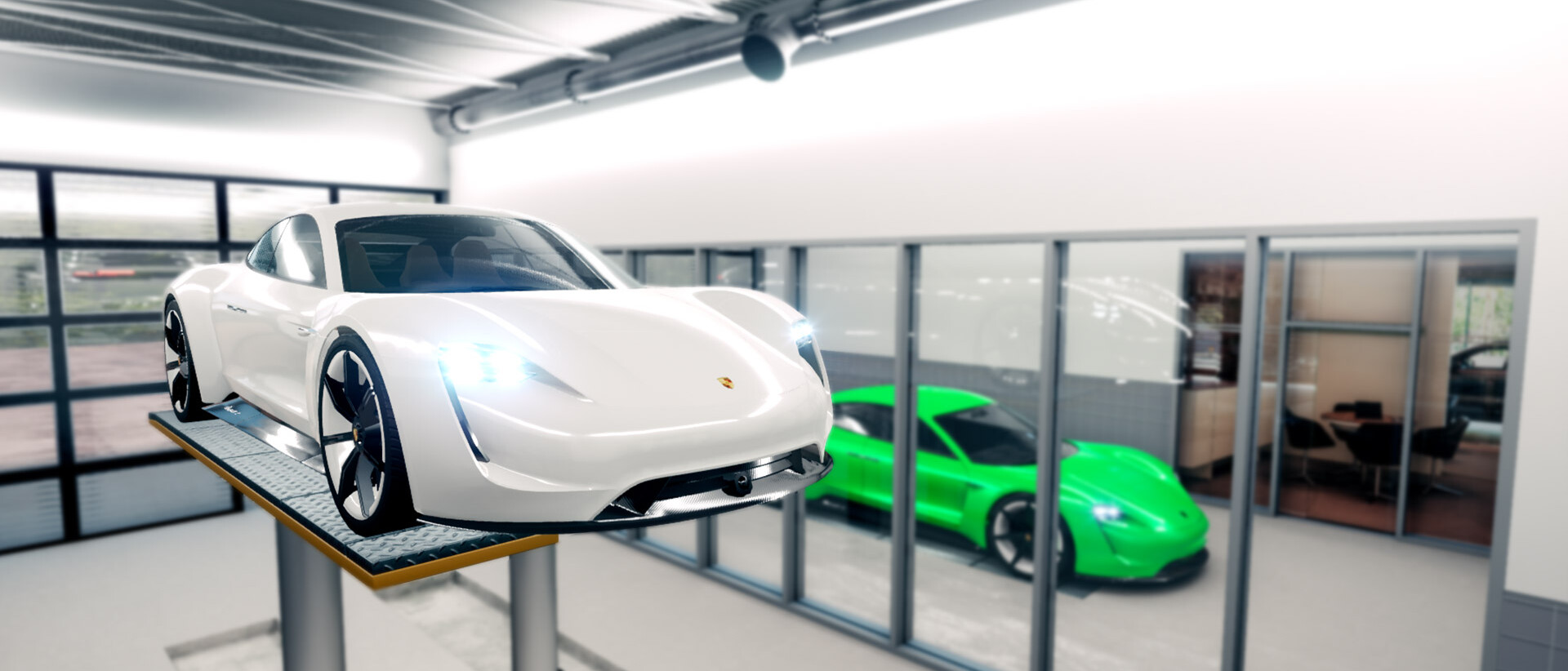Weißes und grünes Porsche-Fahrzeug beim Check-Up in der virtuellen Umgebung der Immersive Learning Experience