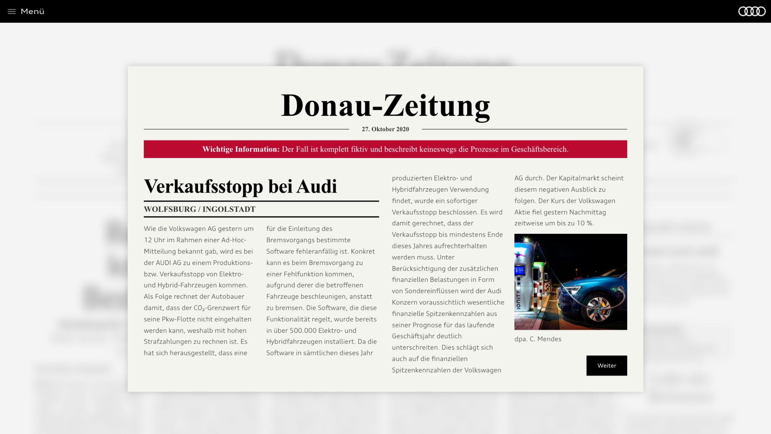 Lernszenario im Audi Online-Training über Insiderrecht
